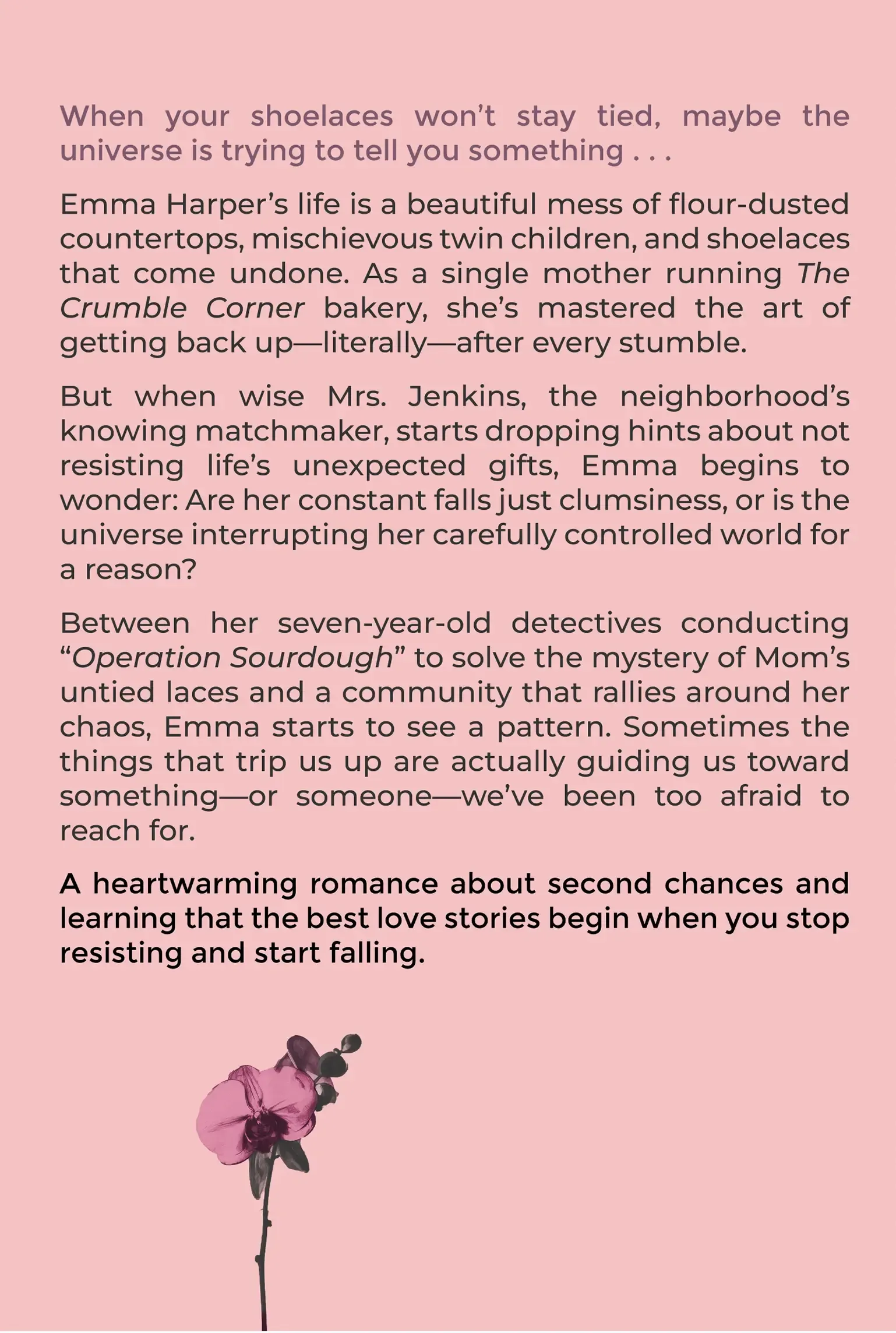 Back cover of Tie the Knot with the book’s description and a pink orchid